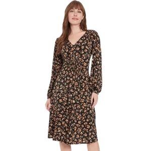 London Times Floral Midi Dress Black Tan Long Sleeve Size M